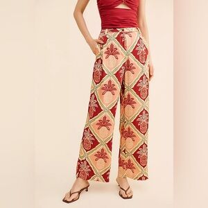 NWT Anthropologie‎ Farm Rio Pineapple Satin Wide Leg Pants- Medium